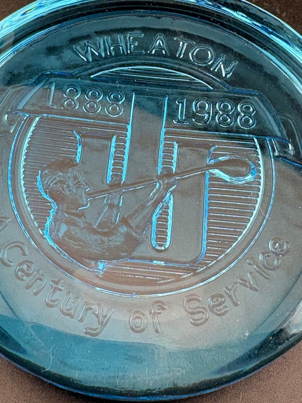 Vintage Turquoise Wheaton Glass Centennial Commemorative Paperweight 1888-1988